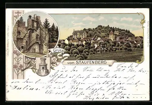 Lithographie Staufenberg, Ortsansicht, Aussichtsturm in der Ruine