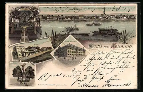 Lithographie Neuwied, Totalansicht, Schloss Monrepos, Kriegerdenkmal