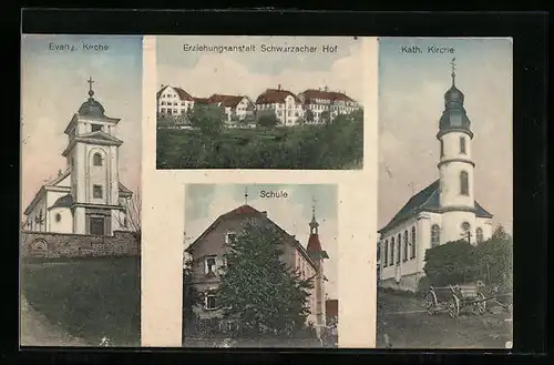 AK Unterschwarzach /Baden, Ev. Kirche, Schule, Erziehungsanstalt Schwarzacher Hof