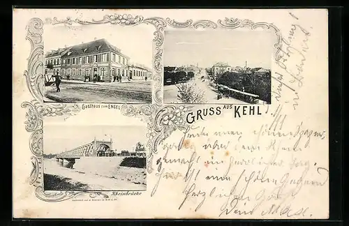AK Kehl, Gasthaus zum Engel, Rheinbrücke
