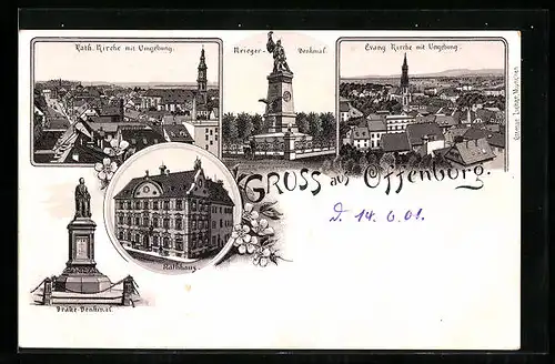 Lithographie Offenburg, Rathaus, Drake-Denkmal, Kath. Kirche mit Umgebung