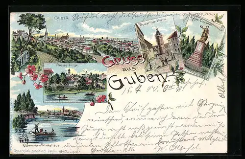 Lithographie Guben, Damm vom Winkel aus, Sieges-Denkmal