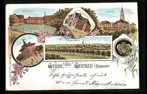 Lithographie Gronau i. Hannover, Totalansicht mit Papier-Fabrik