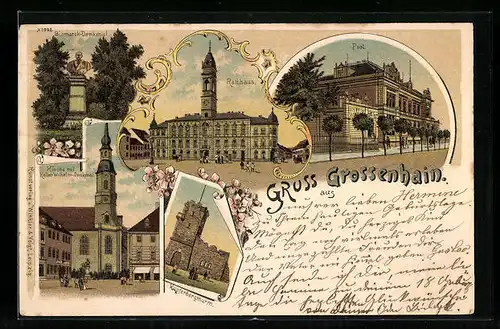 Lithographie Grossenhain, Rathaus, Post, Kupferbergturm