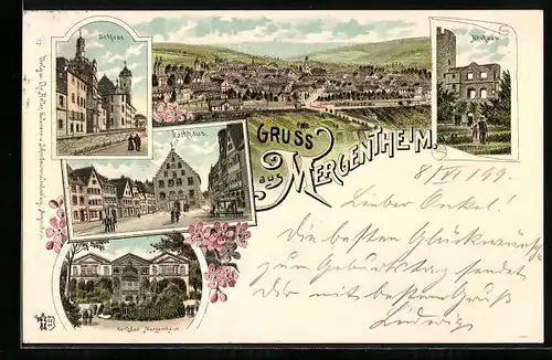 Lithographie Mergentheim, Rathaus, Schloss, Neuhaus