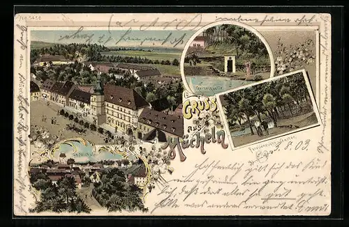 Lithographie Mücheln, Geiselquelle, Forellenzucht