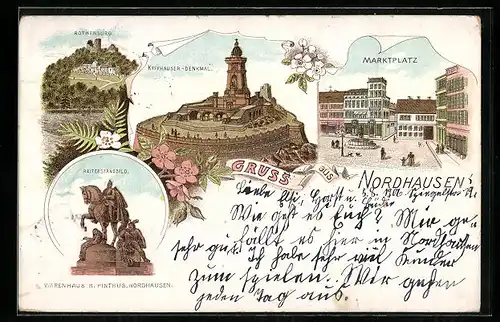 Lithographie Nordhausen, Rothenburg, Reiterstandbild, Marktplatz