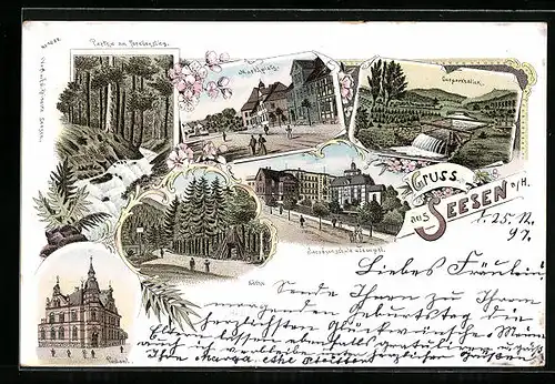 Lithographie Seesen a. H., Marktplatz, Postamt, Jacobsonschule und Tempel