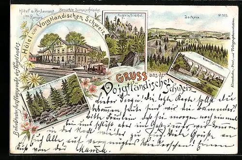 Lithographie Jocketa, Parthie im Triebthal, Elsterthalbrücke, Hotel zur Vogtl. Schweiz