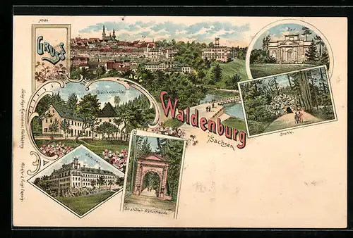 Lithographie Waldenburg / Sachsen, Strasse Zur stillen Naturfreude, Gasthaus Gläntzelmühle