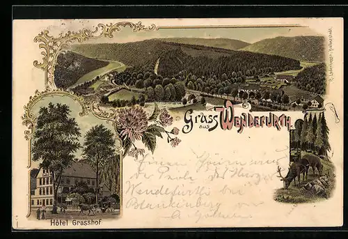 Lithographie Wendefurth, Hôtel Grasshof, Totalansicht des Ortes