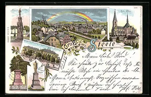 Lithographie Steele, Mariensäule, Kath. Kirche, Amtsgericht, Postamt und Kaiser Friedrich-Denkmal