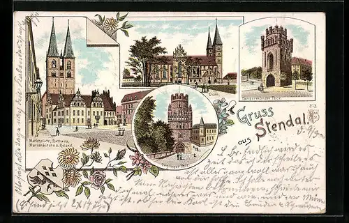 Lithographie Stendal, Tangermünder und Ünglinger Thor, Marktplatz mit Rathaus und Marienkirche