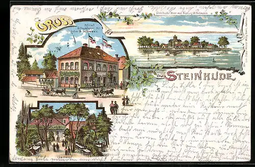 Lithographie Steinhude, Hotel Schaumburger Hof, Ansicht vom Garten, Steinhuder Meer mit Festung Wilhelmstein