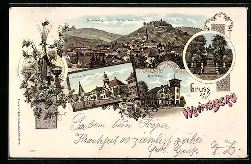 Lithographie Weinsberg, Kernerhaus, Totalansicht mit Weibertreu, Markt und Rathaus