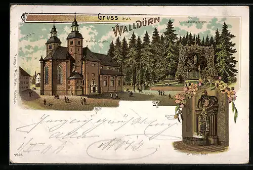 Lithographie Walldürn, Wallfahrtskirche, Lourdes-Grotte, Hl. Bluts Altar