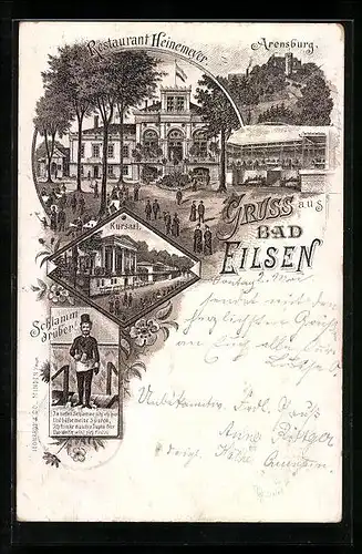 Lithographie Bad Eilsen, Restaurant Heinemeyer, Kursaal, Arensburg