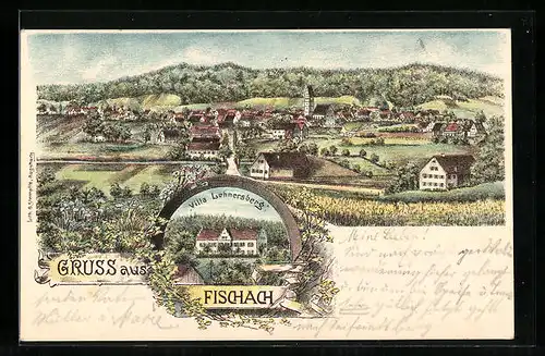 Lithographie Fischach, Gesamtansicht, Villa Lehnersberg
