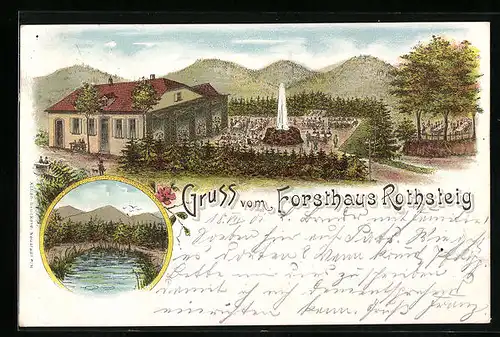 Lithographie Wachenheim, Forsthaus Rothsteig mit Fontaine