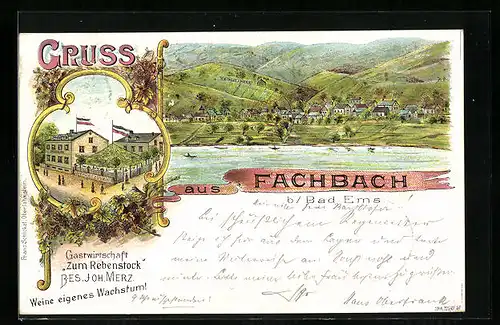 Lithographie Fachbach /Bad Ems, Gasthof Zum Rebenstock, Ortsansicht