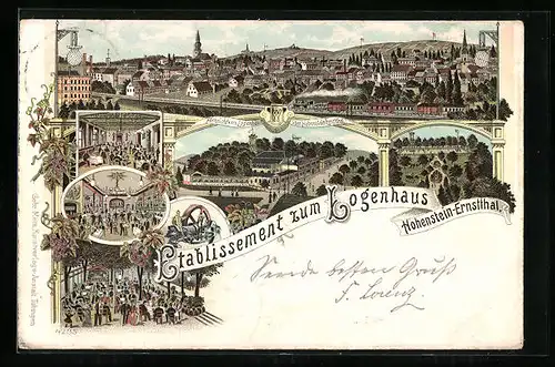 Lithographie Hohenstein-Ernstthal, Etablissement zum Logenhaus, Panorama