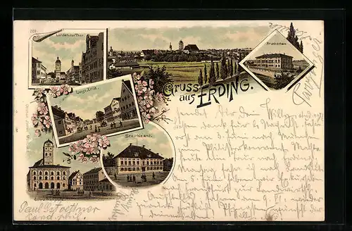 Lithographie Erding, Lange Zeile, Bezirksamt, Landshuter Thor, Schrannenplatz, Krankenhaus