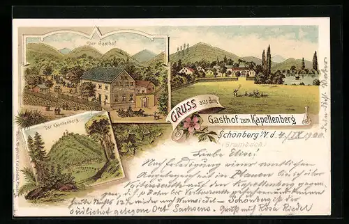 Lithographie Schönberg i. V., Gasthof zum Kapellenberg, Teilansicht vom Ort, Kapellenberg