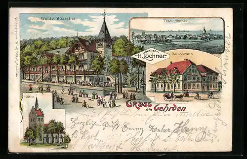 Lithographie Gehrden, Ratskeller, Waldschlösschen, Kirche