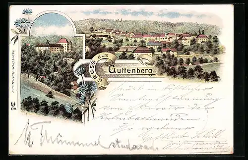 Lithographie Guttenberg, Gesamtansicht, Schloss Guttenberg