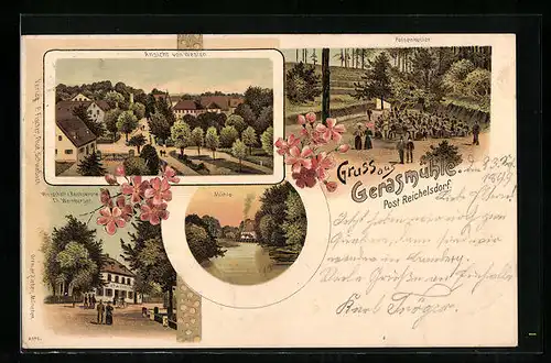 Lithographie Gerasmühle, Felsenkeller, Mühle, Gasthaus z. Reichskrone