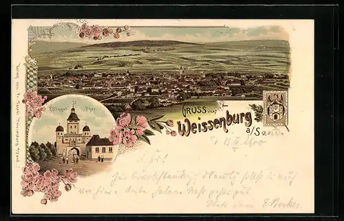 Lithographie Weissenburg a. S., Ellinger Thor, Wappen, Totalansicht