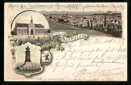 Lithographie Osthofen, Totalansicht, Turnhalle, Kaiser- und Kriegerdenkmal