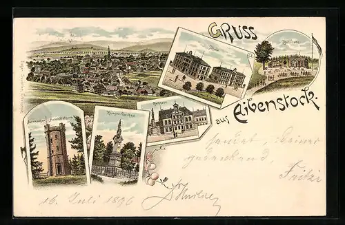 Lithographie Eibenstock, Gasthaus Bühlhalle, Schule, Rathaus, Totalansicht