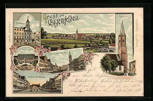 Lithographie Eggenfelden, Schloss Gern, Rathaus, Pfarrkirche, Totalansicht