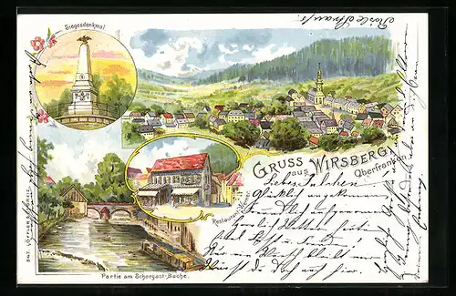 Lithographie Wirsberg, Gesamtansicht, Siegesdenkmal, Partie am Schorgast-Bache, Restaurant Werner