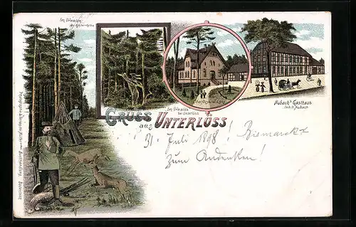 Lithographie Unterlüss, Hubach`s Gasthaus, Oberförsterei Lüss, Urwald mit Köhler-Köthe