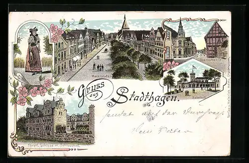 Lithographie Stadthagen, Obernstrasse, Bahnhof, Marktplatz, Fürstl. Schloss