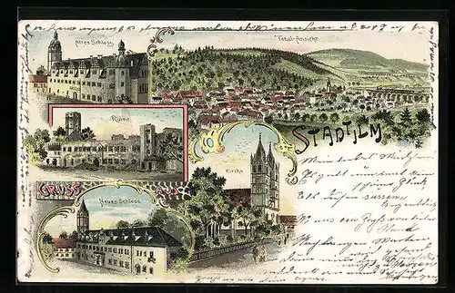 Lithographie Stadtilm, Altes Schloss, Neues Schloss, Ruine, Totalansicht