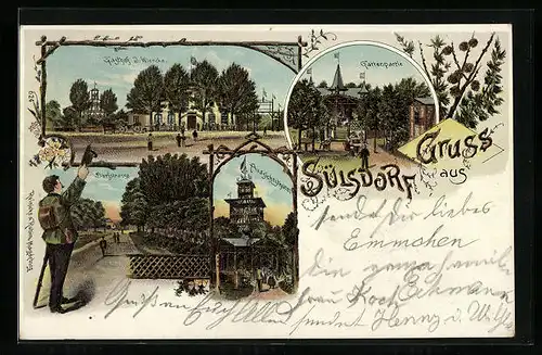 Lithographie Sülsdorf, Gasthof J. Wiencke, Gartenpartie, Dorfstrasse, Aussichtsturm