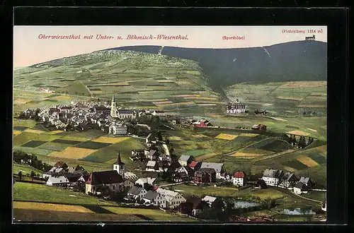 AK Oberwiesenthal im Erzgeb., Generalansicht mit Unter- und Böhmisch-Wiesenthal, Blick zum Fichtelberg