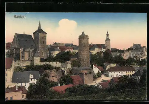 AK Bautzen, Blick auf die Stadt und den Wehrturm