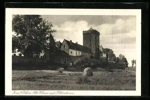 AK Zons am Rhein, Alte Häuser mit dem Rheinturm