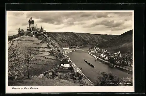 AK Cochem, Generalansicht mit der Burg über der Mosel