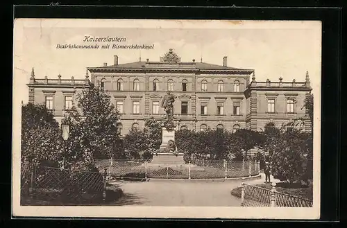 AK Kaiserslautern, das Bismarckdenkmal vor dem Bezirkskommando