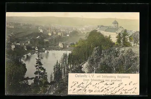 AK Oelsnitz i. Erzgeb., Generalansicht mit dem Schlossberg Voigtsberg vom Schanzberg aus