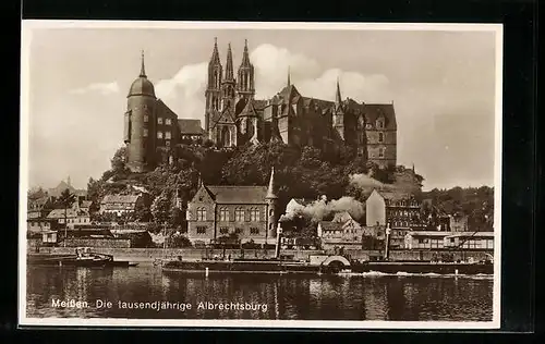 AK Meissen, Blick vom Ausflugsdampfer hinauf zur tausendjährigen Albrechtsburg