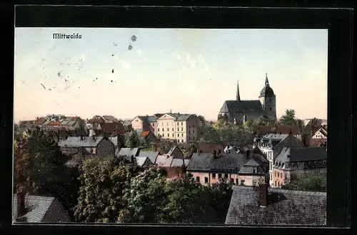AK Mittweida, Blick über die Dächer der Stadt zur Kirche hin