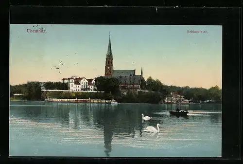 AK Chemnitz, die Schlosskirche vom Teichufer aus gesehen