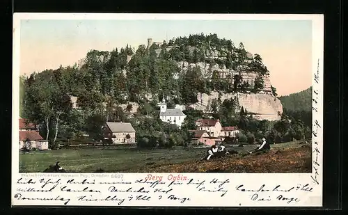 AK Oybin, Ortsansicht mit dem berg Oybin