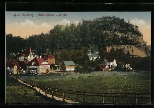 AK Oybin, Ortstotale mit Burg- und Klosterruine und Kirche